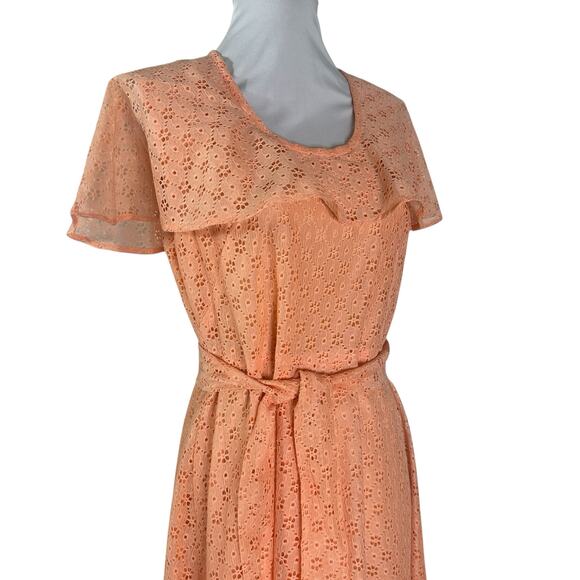 Vintage 1970s Peach Eyelet Flutter Sleeve Maxi Formal Dress M - Picture 6 of 7